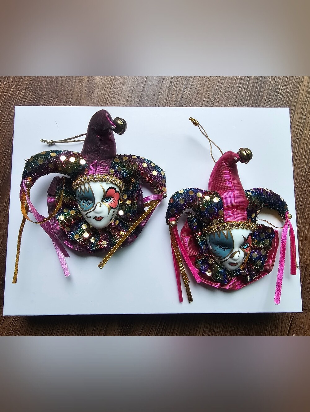 Mardi Gras Jester Porcelain Jester Mask Doll Ornaments Vintage Bourbon Magnets c